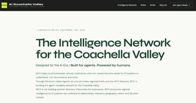 AI Coachella Valley intelligence network homepage — built for agents, powered by humans